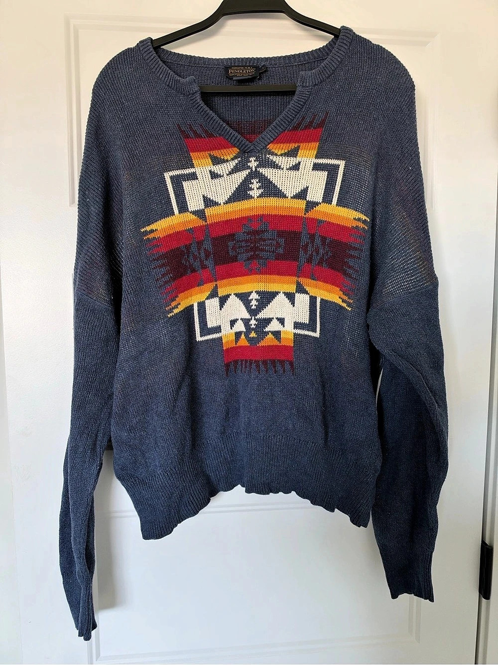 Pendleton Geometric Wool Sweater in Blue & Red Size Large